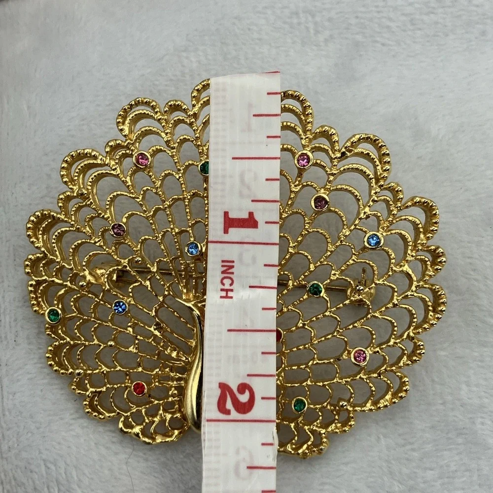 Large Gold Tone Colorful Crystal Peacock Brooch Statement Maximalist Coat Pin